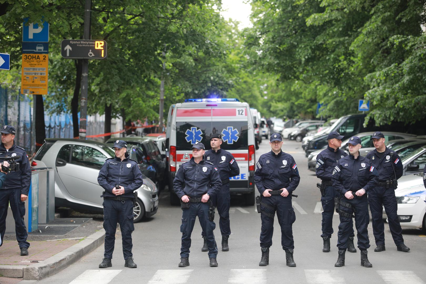 03, May, 2023, Belgrade - A student of the seventh grade of the Elementary School "Vladislav Ribnikar" is suspected to have fired a pistol at the security guard, the teacher and the students this morning.   

03, maj, 2023, Beograd - Ucenik sedmog razreda Osnovne skole "Vladislav Ribnikar" kako se sumnja, pucao je jutros iz pistolja na obezbeđenje, nastavnicu i ucenike.    Photo: Milos Tesic/ATAImages/PIXSELL