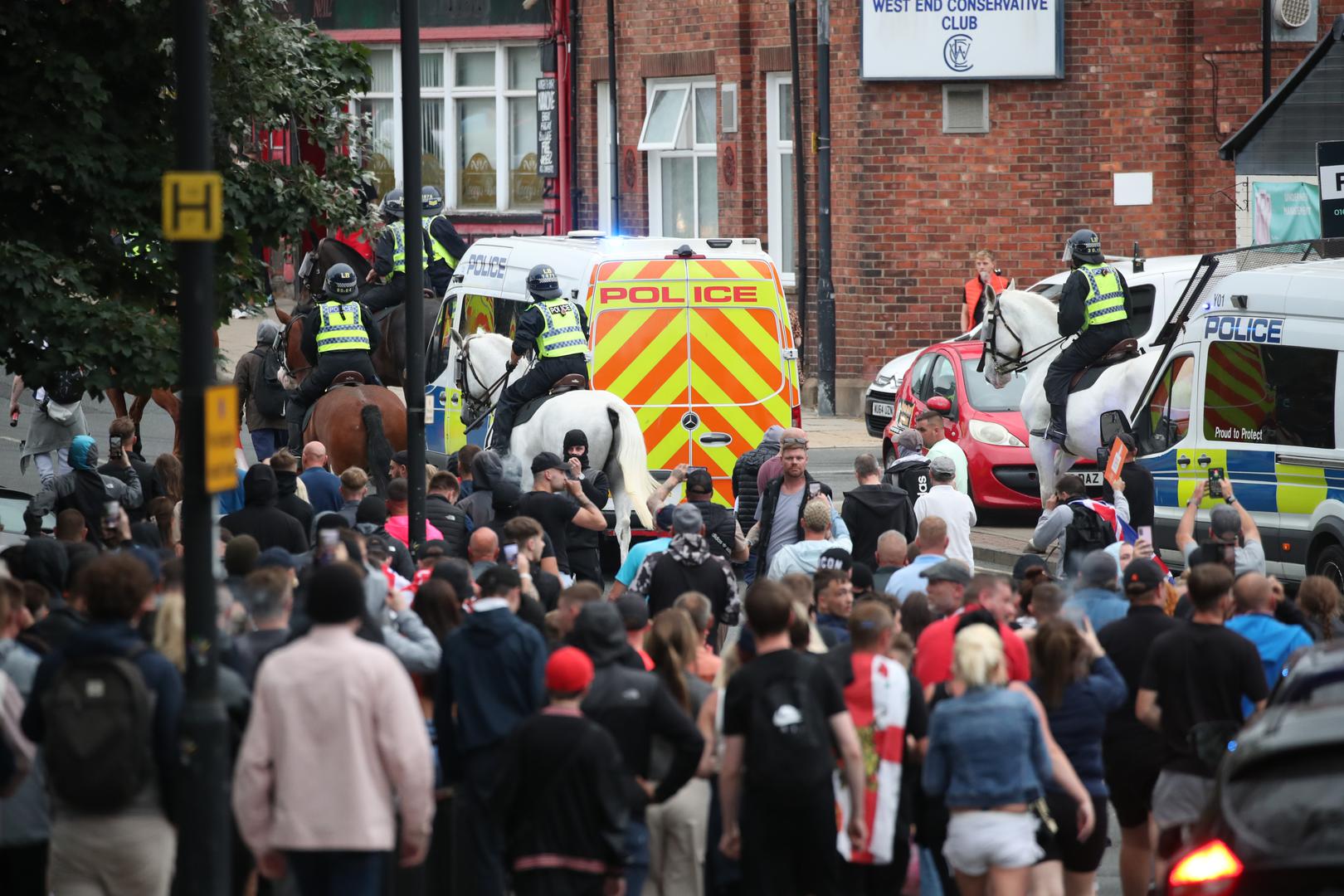 People protest in Sunderland city centre following the stabbing attacks on Monday in Southport, in which three young children were killed. Axel Rudakubana, 17, has been remanded into a youth detention accommodation, charged with three counts of murder, 10 counts of attempted murder and possession of a bladed article, following a knife attack at a Taylor Swift-themed holiday club. Picture date: Friday August 2, 2024. Photo: Scott Heppell/PRESS ASSOCIATION