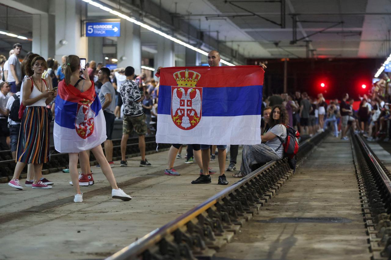 People attend a protest against Rio Tinto's lithium mining project, in Belgrade