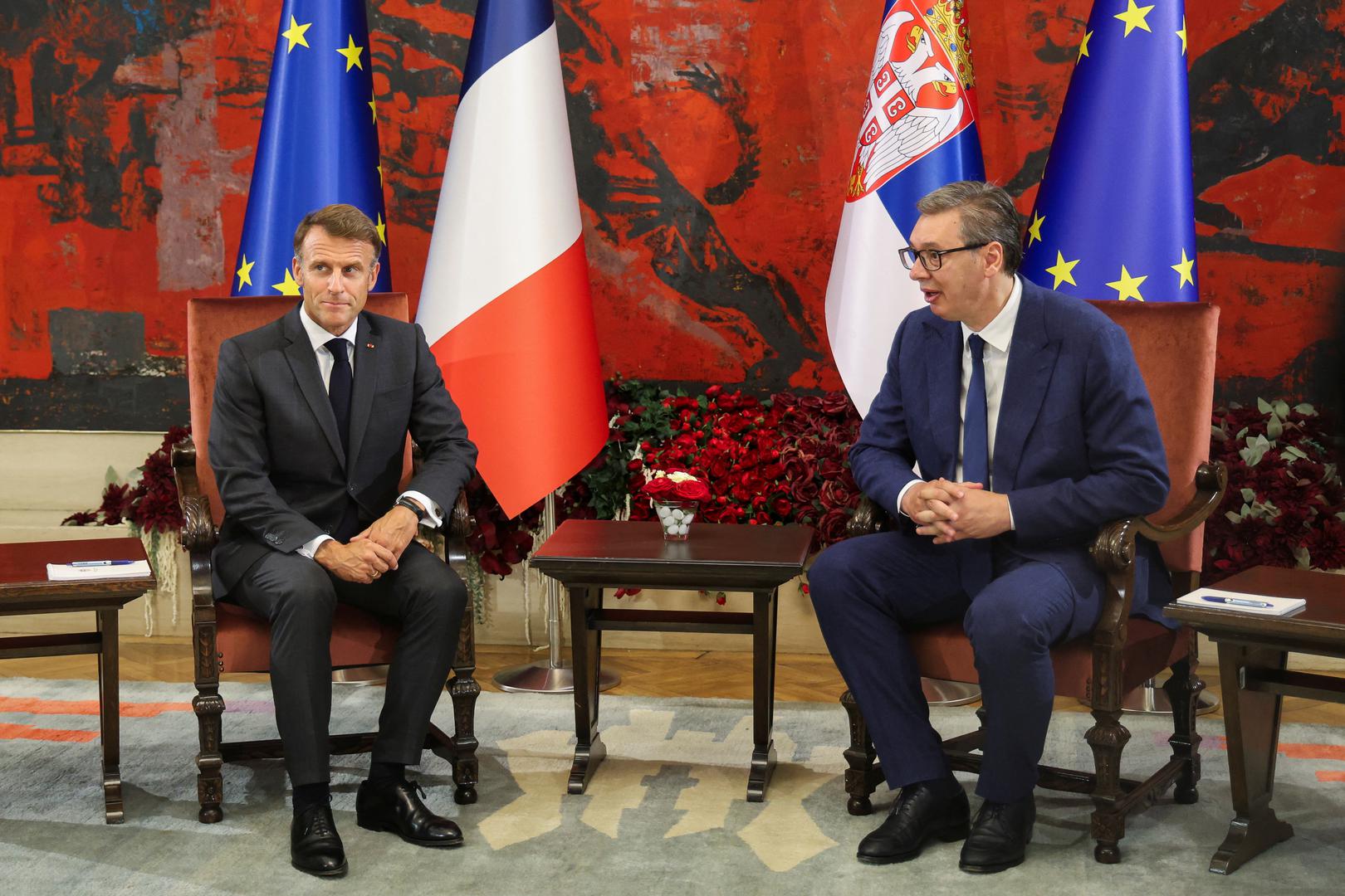 French President Emmanuel Macron meets with Serbian President Aleksandar Vucic at the Palace of Serbia building in Belgrade, Serbia, August 29, 2024. REUTERS/Djordje Kojadinovic Photo: DJORDJE KOJADINOVIC/REUTERS