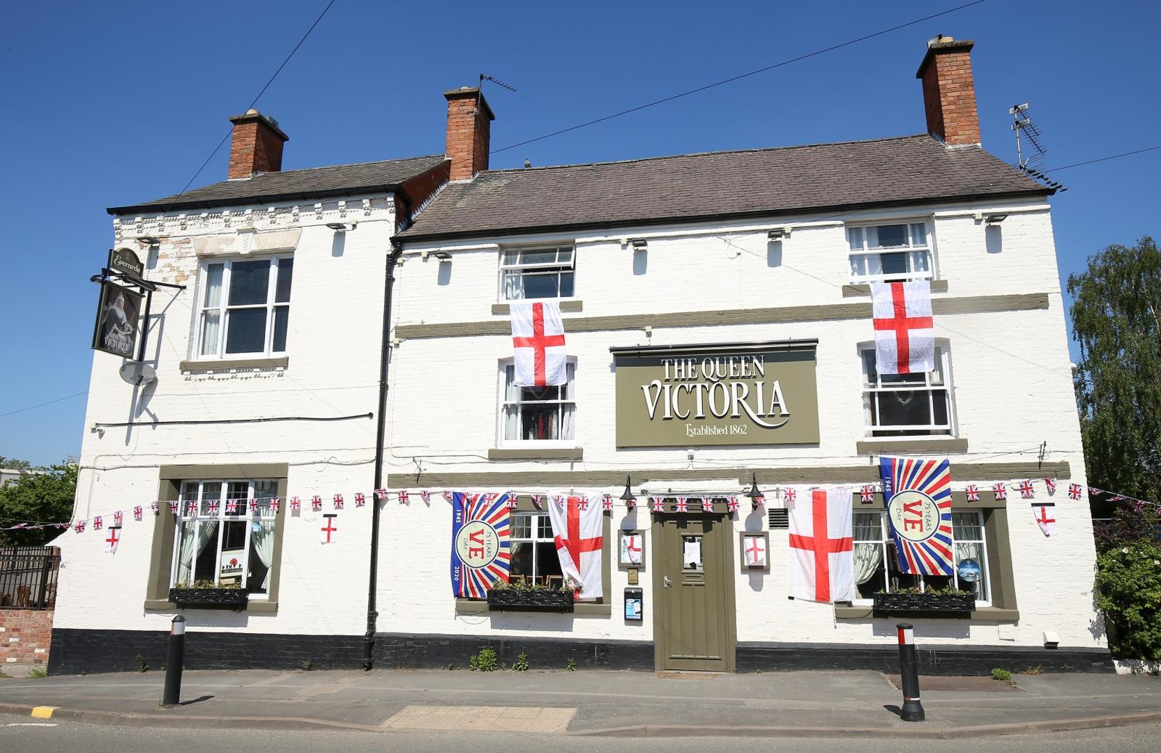 VE Day 75th Anniversary The Queen Victoria public house bedecked in patriotic decoration in preparation VE Day Syston, Leicestershire Nigel French  Photo: PA Images/PIXSELL