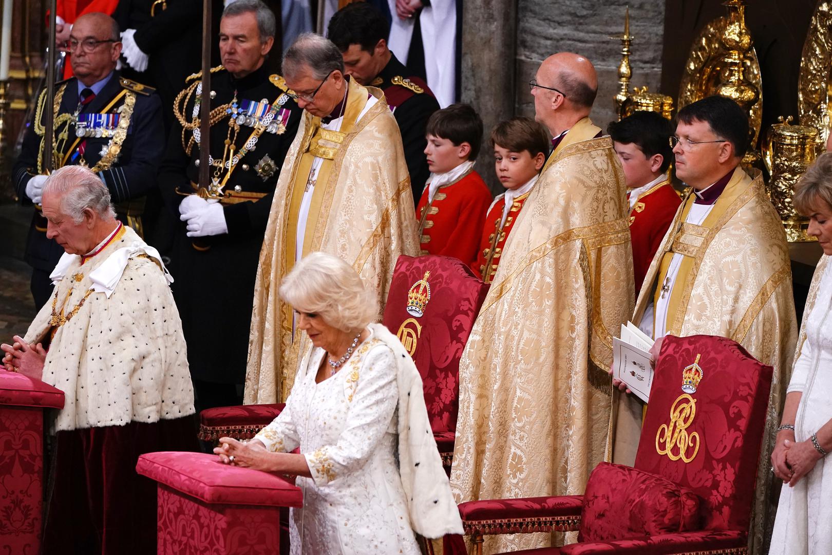 Prince George watches King Charles III and Queen Camilla during their coronation ceremony in Westminster Abbey, London. Picture date: Saturday May 6, 2023. Photo: Yui Mok/PRESS ASSOCIATION