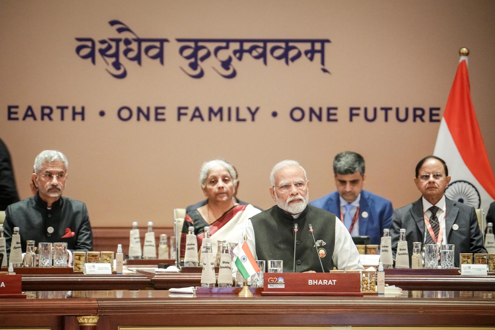 09 September 2023, India, Neu Delhi: Narendra Modi, Prime Minister of India, opens the first working session at the G20 Summit with the theme "One Earth." The G20 group includes leading industrialized nations and emerging economies, which together account for much of the world's population and global economic power. Photo: Kay Nietfeld/dpa Photo: Kay Nietfeld/DPA