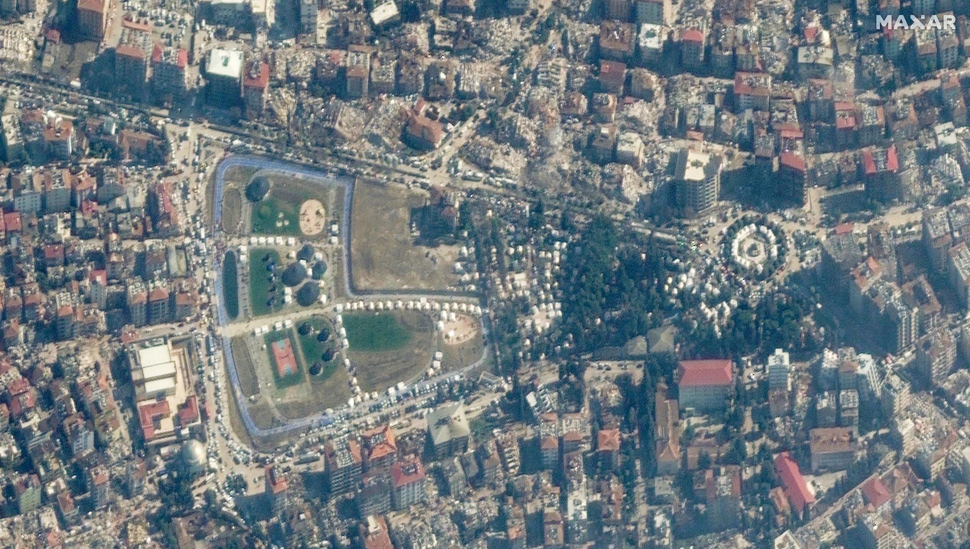 A satellite image shows emergency tents and collapsed buildings after an earthquake in Antakya, Turkey, February 8, 2023. Satellite image copyright 2023 Maxar Technologies/Handout via REUTERS   ATTENTION EDITORS - THIS IMAGE HAS BEEN SUPPLIED BY A THIRD PARTY. MANDATORY CREDIT. NO RESALES. NO ARCHIVES. DO NOT OBSCURE LOGO. Photo: MAXAR TECHNOLOGIES/REUTERS