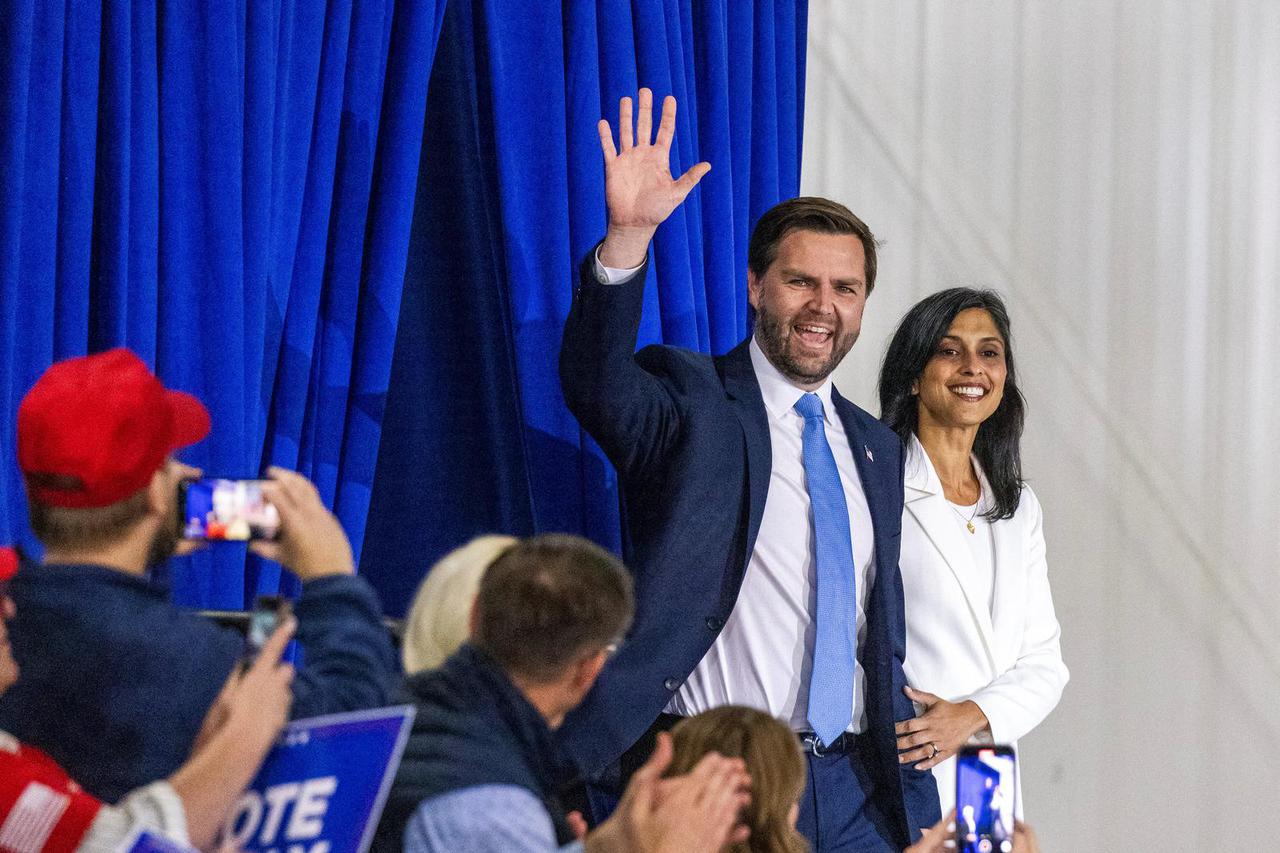 Republican U.S. vice presidential nominee Senator JD Vance speaks in Portage, Michigan