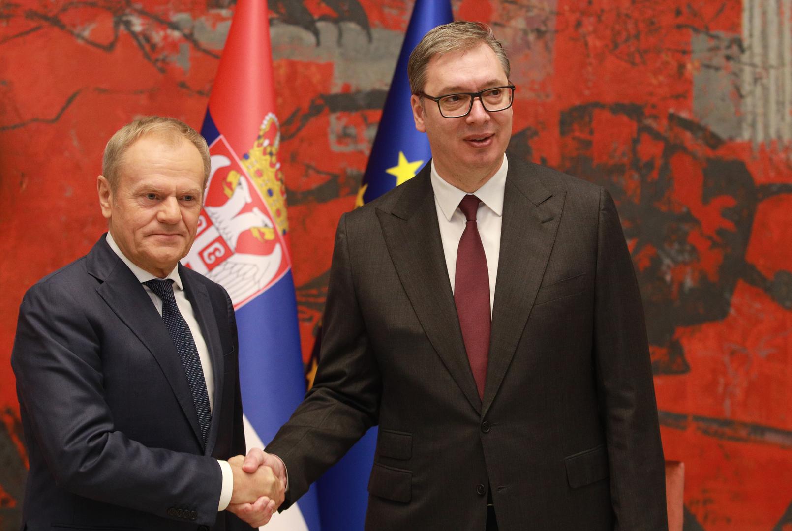 24, October, 2024, Belgrade - The President of the Republic of Serbia, Aleksandar Vucic, will host the Prime Minister of the Republic of Poland, Donald Tusk, who is on an official visit to the Republic of Serbia from October 23 to 24 - Tête-à-tête meeting between Aleksandar Vucic and Donald Tusk. Donald Tusk, Aleksandar Vucic. Photo: Milos Tesic/ATAImages 

24, oktobar, 2024, Beograd - Predsednik Republike Srbije Aleksandar Vucic ugostice predsednika Vlade Republike Poljske Donalda Tuska koji boravi u zvanicnoj poseti Republici Srbiji od 23. do 24. oktobra. Photo: Milos Tesic/ATAImages Photo: Milos Tesic/ATA Images/PIXSELL