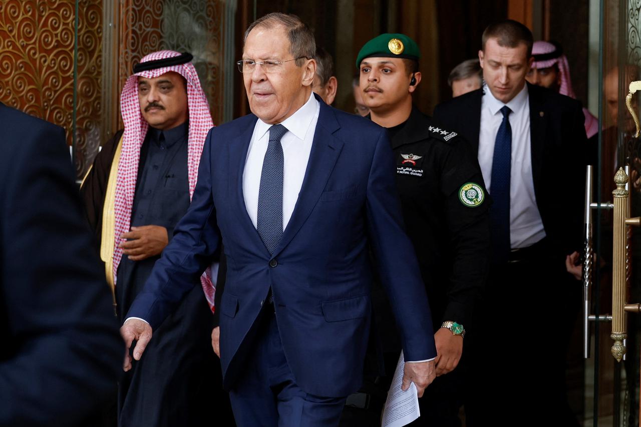 Russian Foreign Minister Sergei Lavrov leaves a hotel ahead of his meeting with a U.S. delegation in Riyadh, Saudi Arabia