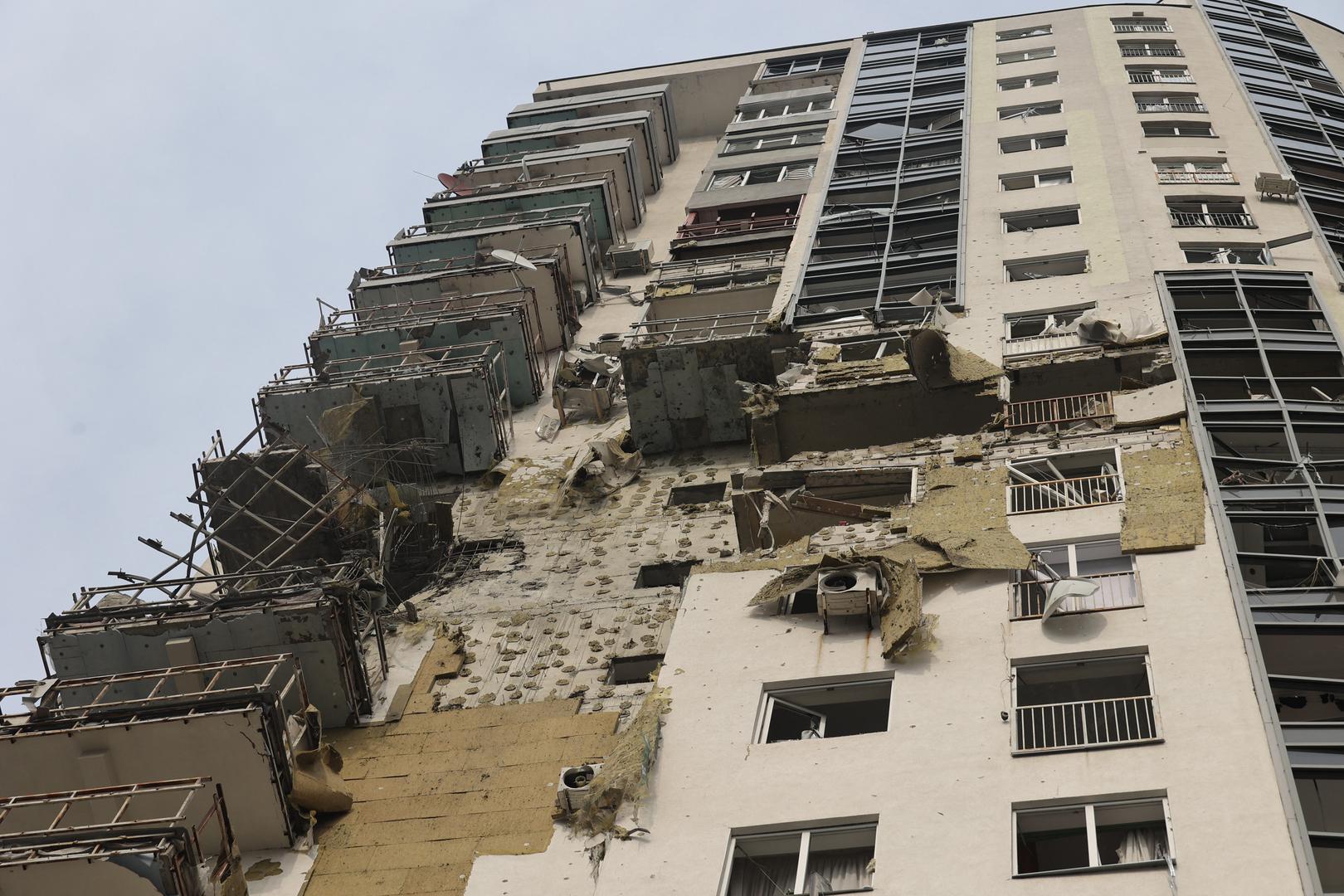 A multi-story residential building damaged by Russian shelling, Kharkiv, northeastern Ukraine, May 14, 2024. A Russian air strike has hit a high-rise residential building in Kharkiv, local officials said, as Russian forces continued to make deeper advances. There was no immediate mention of casualties or the extent of the damage, according to the regional governor, who warned there was a threat of more strikes coming. More than 7,000 people have fled Kharkiv since Russia launched its ground invasion on Friday as Kyiv’s top general warned that while the situation was stabilising, his troops are outgunned and outnumbered. Photo by Viacheslav Madiievskyi/Ukrinform/ABACAPRESS.COM Photo: Madiyevskyy Vyacheslav/Ukrinform/ABACA