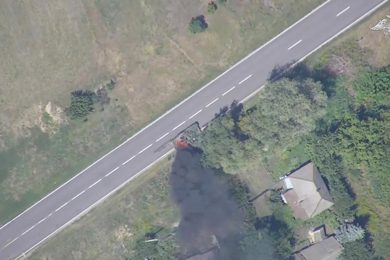 An aerial view shows what is said to be a burning Ukrainian tank in Kursk region