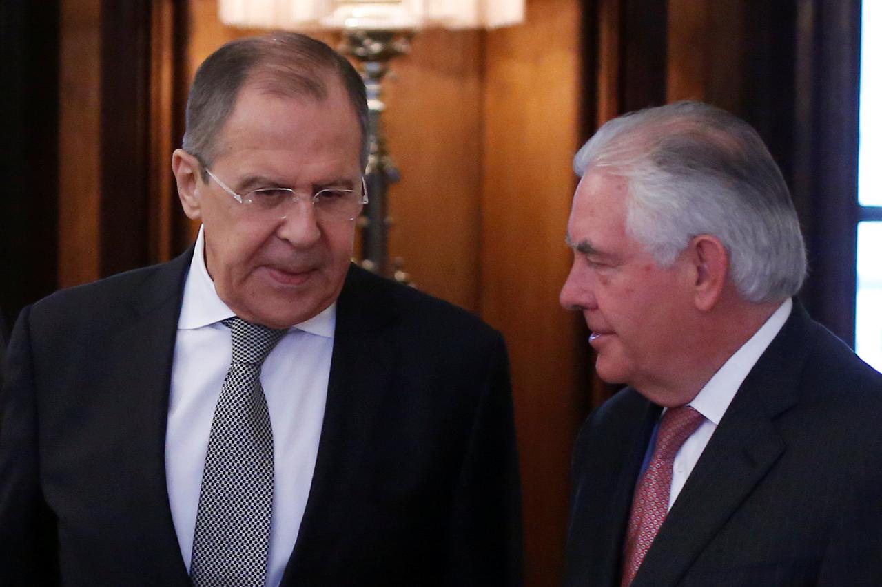 Russian Foreign Minister Sergei Lavrov and U.S. Secretary of State Rex Tillerson enter a hall during their meeting in Moscow, Russia, April 12, 2017.  REUTERS/Maxim Shemetov