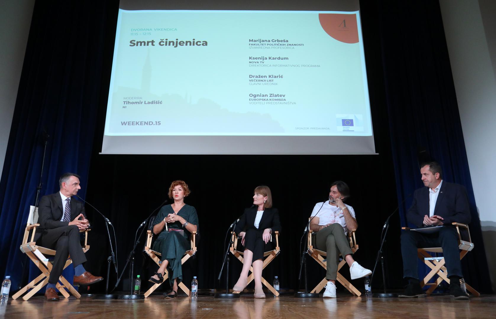 24.09.2022., Rovinj - 15. Weeken Media festival, 
Dvorana Vikendica, panel Smrt cinjenica, panelisti: Marijana Grbesa, Ksenija Kardum, Drazen Klaric i Ognian Zlatev, moderator Tihomir Ladisic.
 Photo: Kristina Stedul Fabac/PIXSELL