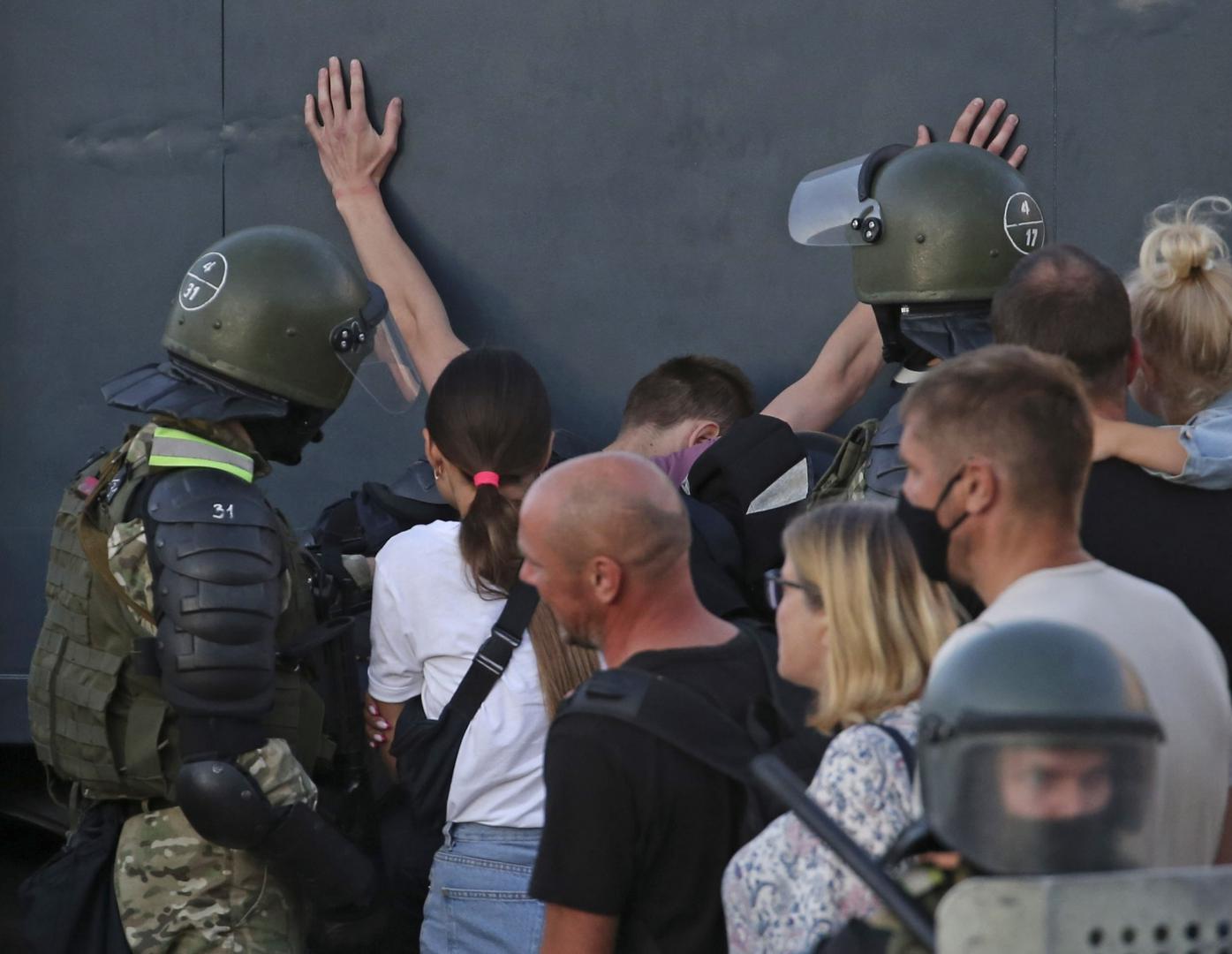 MINSK, BELARUS - AUGUST 11, 2020: Belarusian law enforcement officers detain participants in a protest against the results of the 2020 Belarusian presidential election. Mass protests erupted in major cities across Belarus in the evening of August 9. Natalia Fedosenko/TASS Photo via Newscom Newscom/PIXSELL