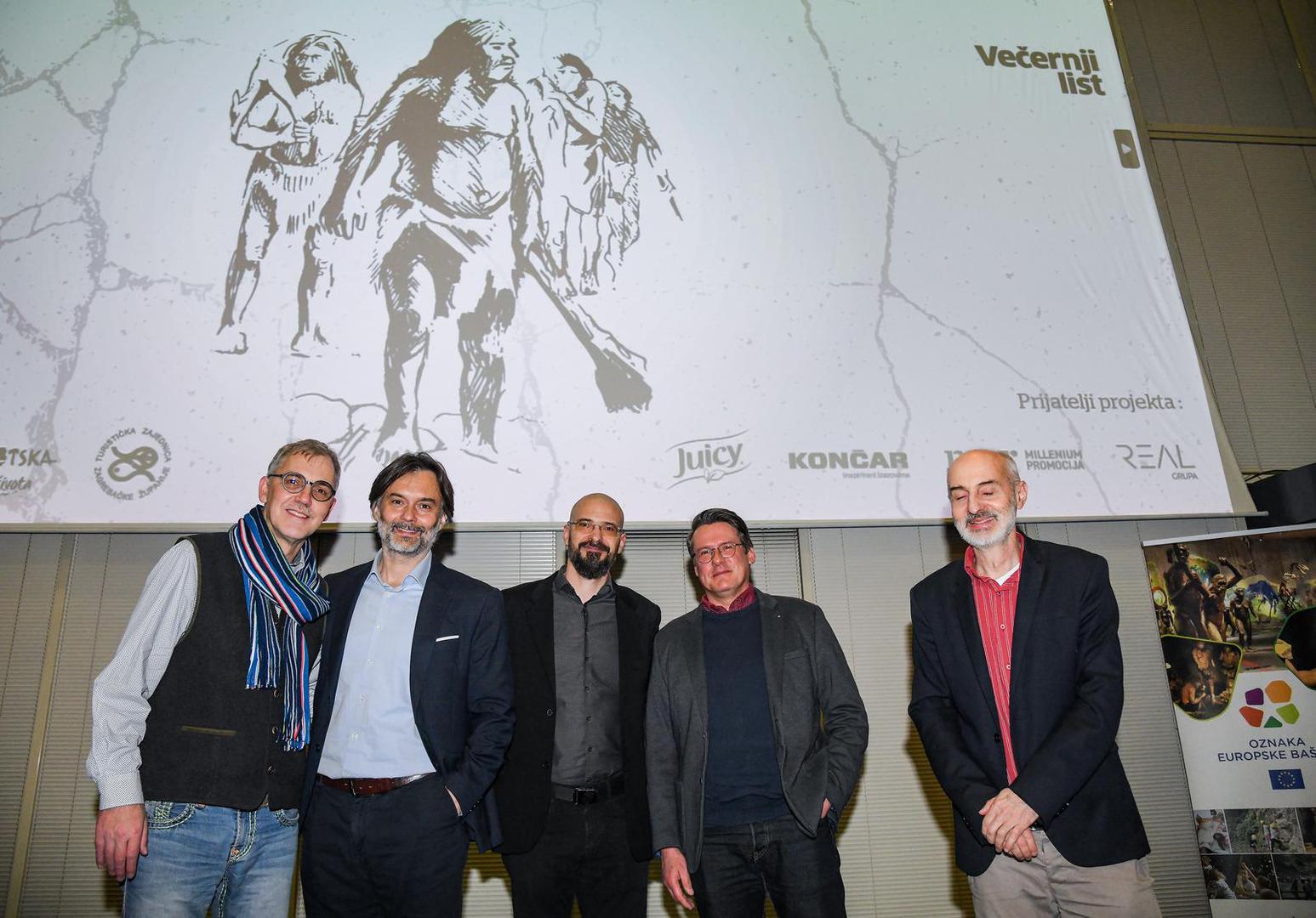 27.02.2023., Krapina -  Premijera filma "Neandertalci" u produkciji Vecernjeg lista u Muzeju krapinskih neandertalaca. Matej Mestrovic, Drazen Klaric, Marin Penavic, Ivor Jankovic, Ivor Karavanic Photo: Josip Regovic/PIXSELL