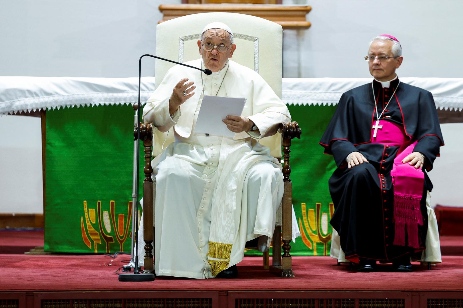 Pope Francis speaks during a meeting with bishops, priests, missionaries, consecrated persons and pastoral workers at Saints Peter and Paul Cathedral, during his Apostolic Journey in Ulaanbaatar, Mongolia September 2, 2023. REUTERS/Remo Casilli Photo: REMO CASILLI/REUTERS