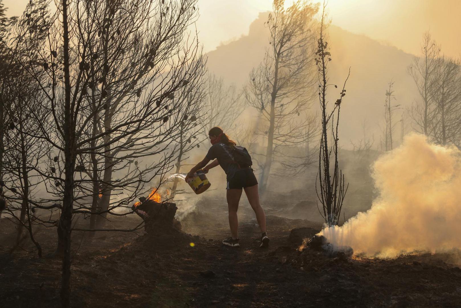 Marina Kalogerakou, 24, uses a bucket of water to extinguish small pockets of fire, as a wildfire burns in Penteli, Greece, August 12, 2024. REUTERS/Stelios Misinas Photo: STELIOS MISINAS/REUTERS