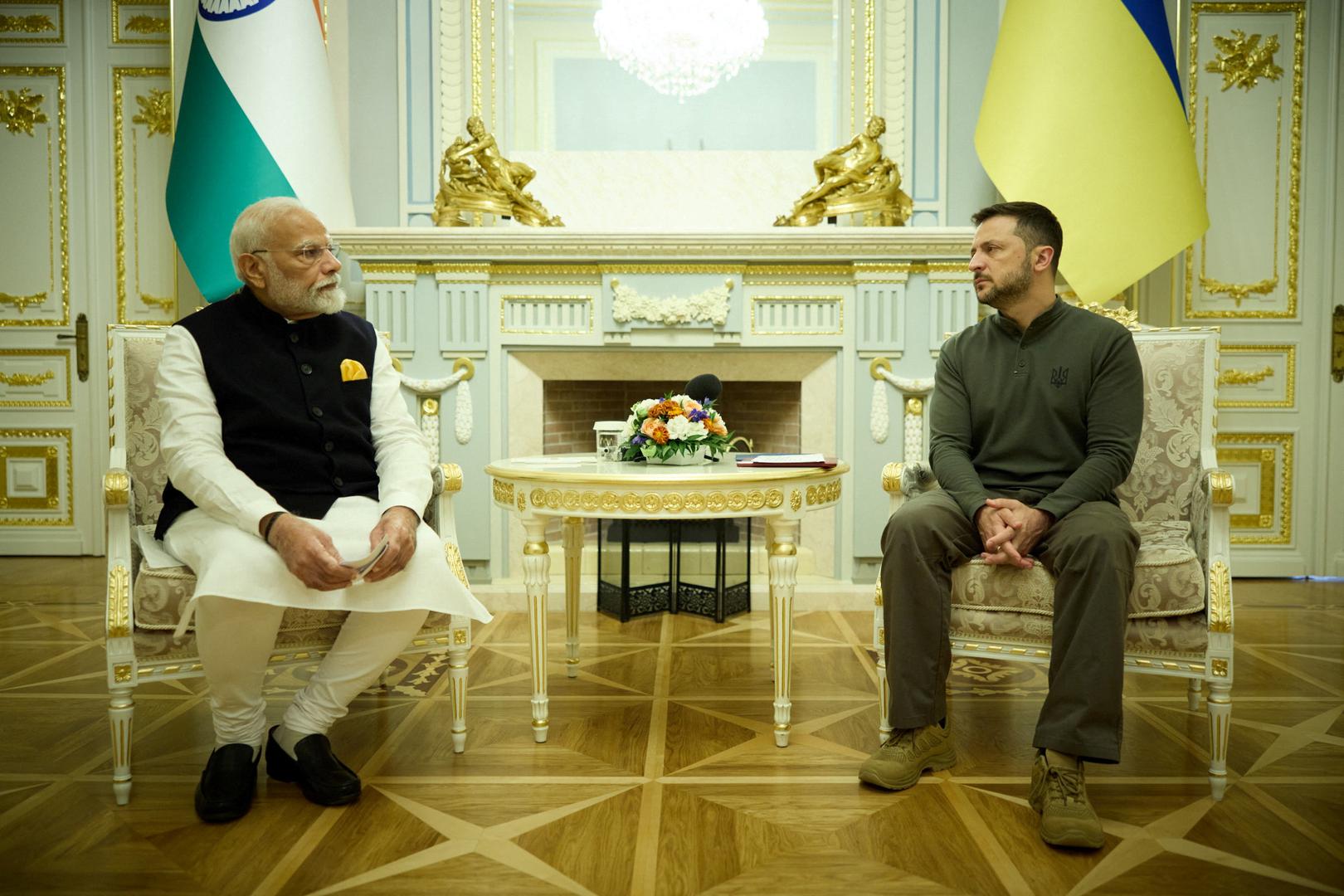 Ukraine's President Volodymyr Zelenskiy and India's Prime Minister Narendra Modi attend a meeting, amid Russia's attack on Ukraine, in Kyiv, Ukraine August 23, 2024. Ukrainian Presidential Press Service/Handout via REUTERS ATTENTION EDITORS - THIS IMAGE HAS BEEN SUPPLIED BY A THIRD PARTY. Photo: Ukrainian Presidential Press Ser/REUTERS