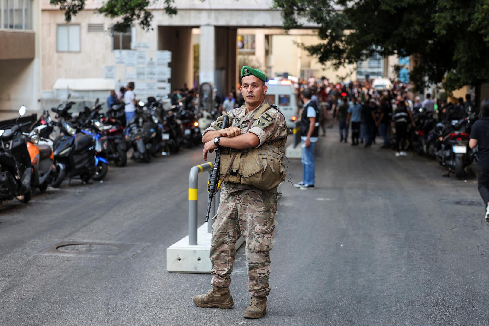 A soldier looks on near American University of Beirut Medical Center (AUBMC)  as more than 1,000 people, including Hezbollah fighters and medics, were wounded when the pagers they use to communicate exploded across Lebanon, according to a security source, in Beirut, Lebanon September 17, 2024. REUTERS/Mohamed Azakir Photo: MOHAMED AZAKIR/REUTERS