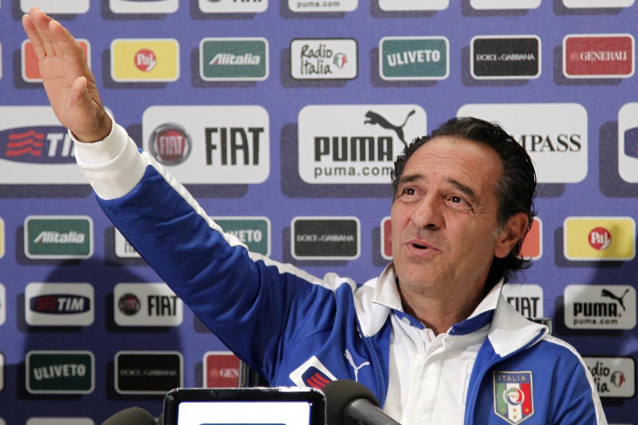 'Italian national football coach team Cesare Prandelli gestures during a press conference prior the training session of his team at the Italian Football Federation techincal center of Coverciano near 