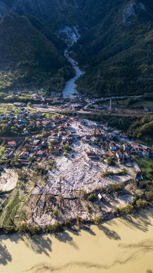 07.10.2024., Jablanica - Pogled iz zraka na mjesto Donje Jablanica i kamenolom iz kojeg je krenula lavina kamenja zajedno s bujicom. Photo: Denis Kapetanovic/PIXSELL