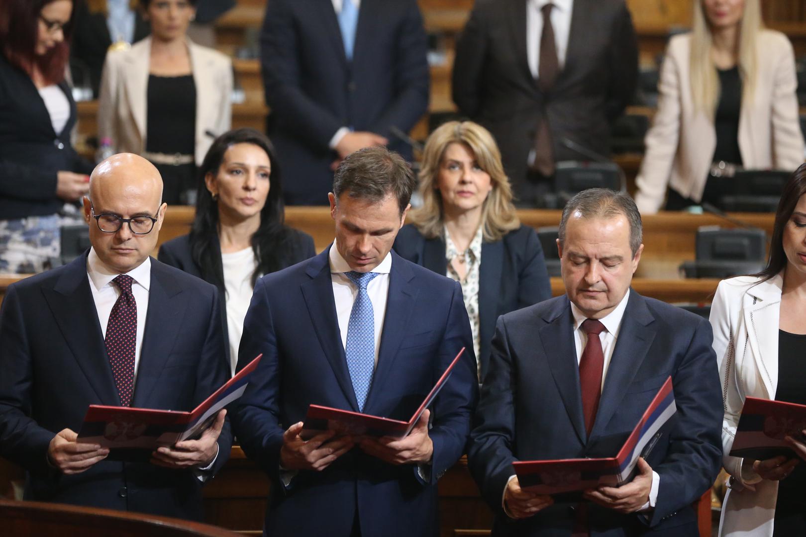 02, May, 2024, Belgrade - The Prime Minister of the Republic of Serbia, Milos Vucevic, and the ministers took the oath in the Assembly of the Republic of Serbia, and with that, their mandate officially began. Milos Vucevic, Sinisa Mali, Ivica Dacic. Photo: F.S./ATAImages

02, maj, 2024, Beograd - Predsednik Vlade Republike Srbije Milos Vucevic i ministri polozili su zakletvu u Skupstini Republike Srbije, a time je poceo i zvanicno da im tece mandat. Photo: F.S./ATAImages Photo: F.S./ATAImages/PIXSELL