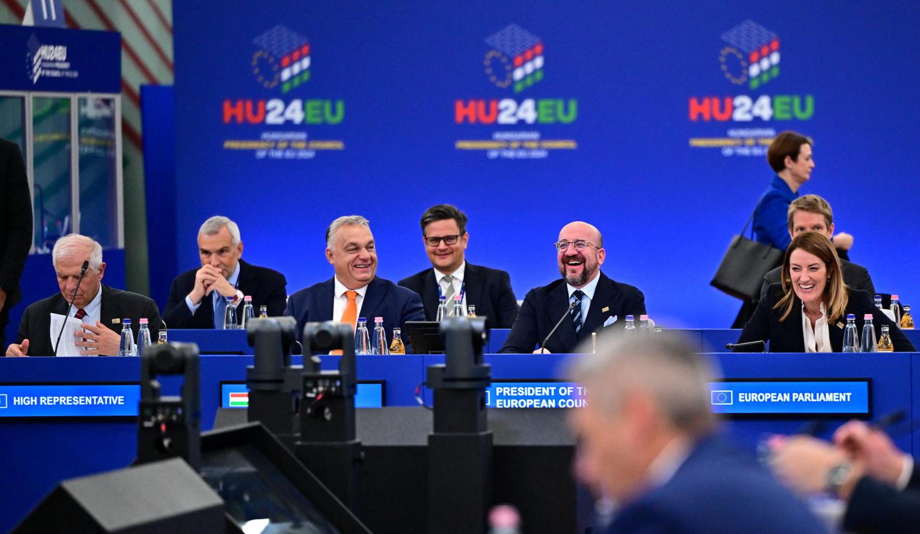 High Representative of the European Union for Foreign Affairs and Security Policy Josep Borrell, Hungarian Prime Minister Viktor Orban, European Council President Charles Michel and European Parliament President Roberta Metsola attend the informal EU Summit at the Puskas Arena, in Budapest, Hungary, November 8, 2024. REUTERS/Marton Monus Photo: MARTON MONUS/REUTERS