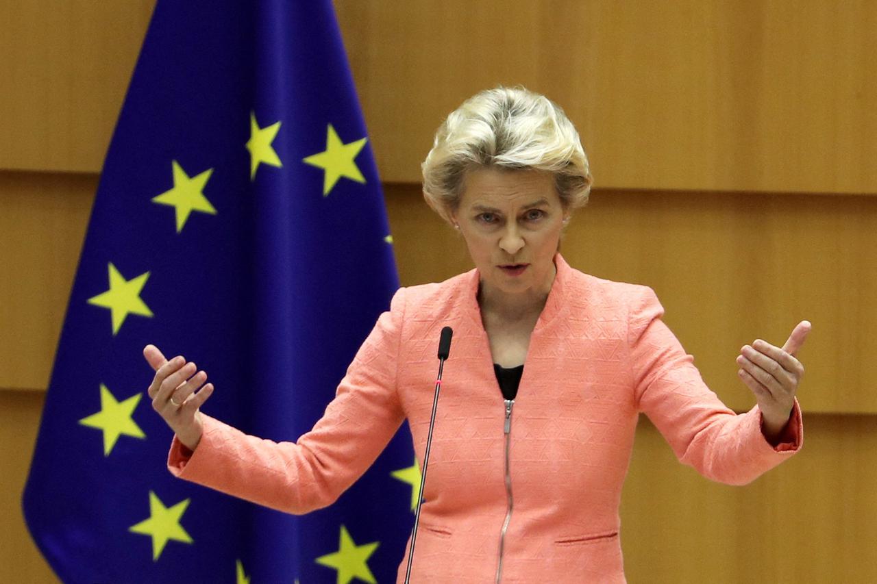 FILE PHOTO: European Commission President Ursula von der Leyen addresses her first State of the European Union speech during a plenary session of the European Parliament, in Brussels