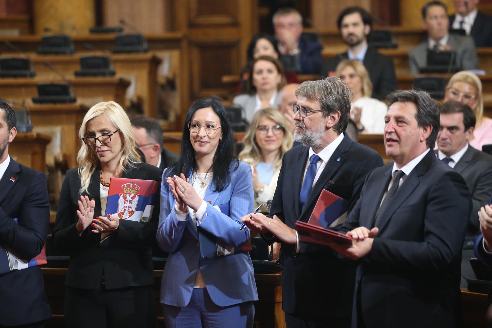 02, May, 2024, Belgrade - The Prime Minister of the Republic of Serbia, Milos Vucevic, and the ministers took the oath in the Assembly of the Republic of Serbia, and with that, their mandate officially began. Maja Popovic, Tomislav Zigmanov, Bratislav Gasic. Photo: F.S./ATAImages

02, maj, 2024, Beograd - Predsednik Vlade Republike Srbije Milos Vucevic i ministri polozili su zakletvu u Skupstini Republike Srbije, a time je poceo i zvanicno da im tece mandat. Photo: F.S./ATAImages Photo: F.S./ATAImages/PIXSELL