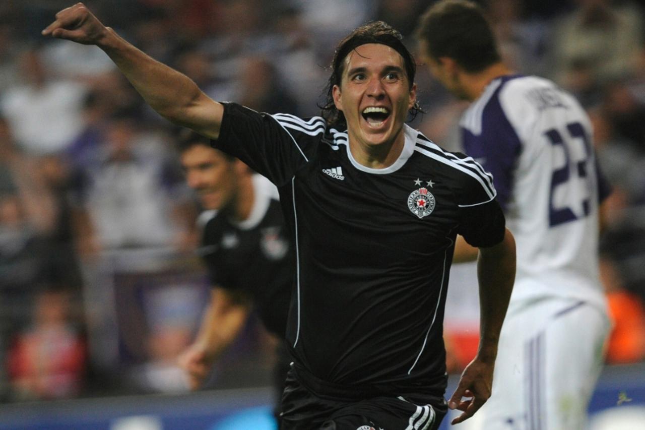 'Cleverson Cordova Cleo of Partizan Belgrade scores against Rsc Anderlecht during their Champions League Play-off round match at Constant Vande Stock stadium in Brussels, on August 24, 2010. AFP PHOTO