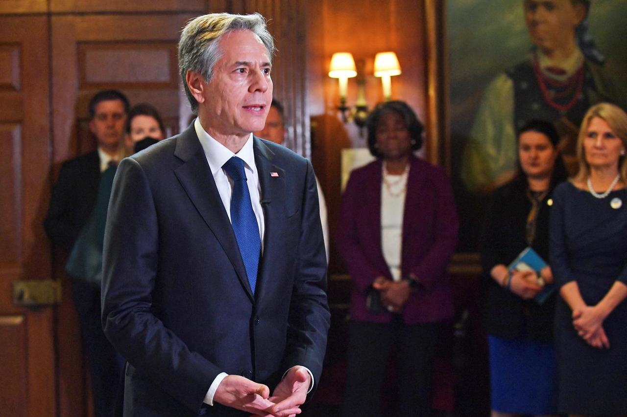 U.S. Secretary of State Antony Blinken speaks during a visit to the Ukrainian Institute of America in New York