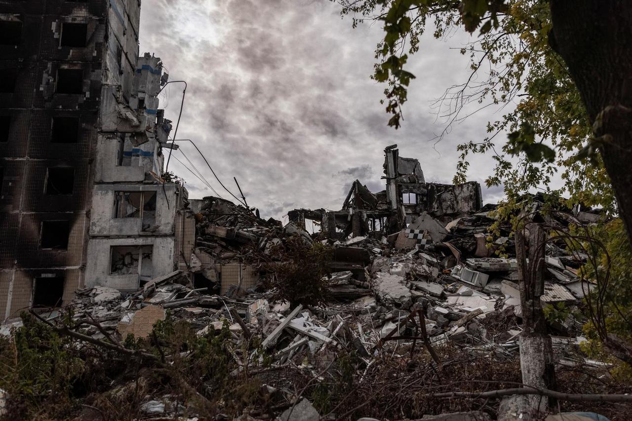 A view shows apartment buildings damaged by a Russian military strike in the front line city of Vuhledar