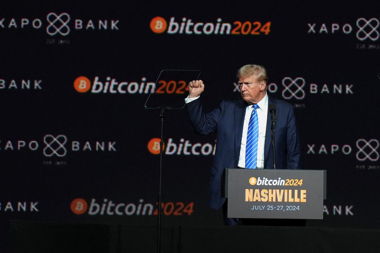 Republican presidential nominee and former U.S. President Donald Trump gestures at the Bitcoin 2024 event in Nashville