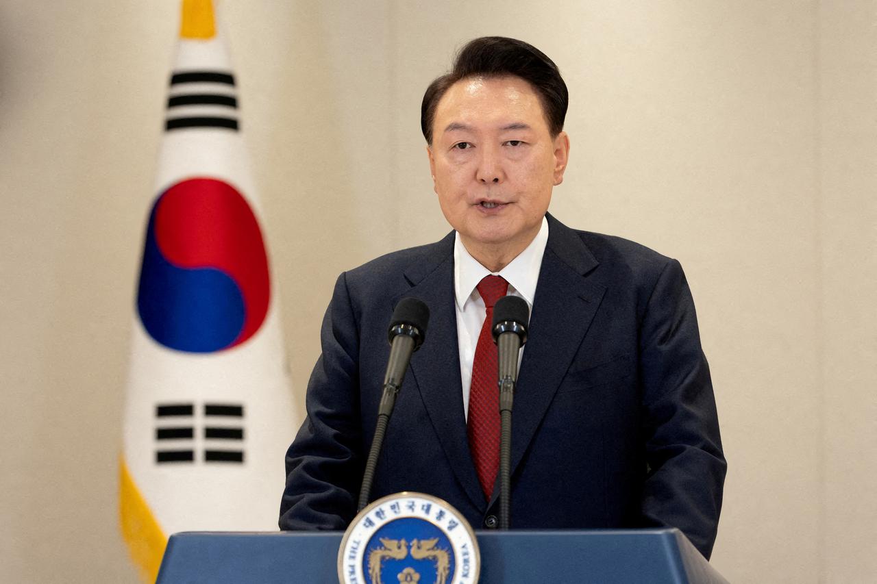 FILE PHOTO: South Korean President Yoon Suk Yeol delivers an address to the nation at the Presidential Office in Seoul