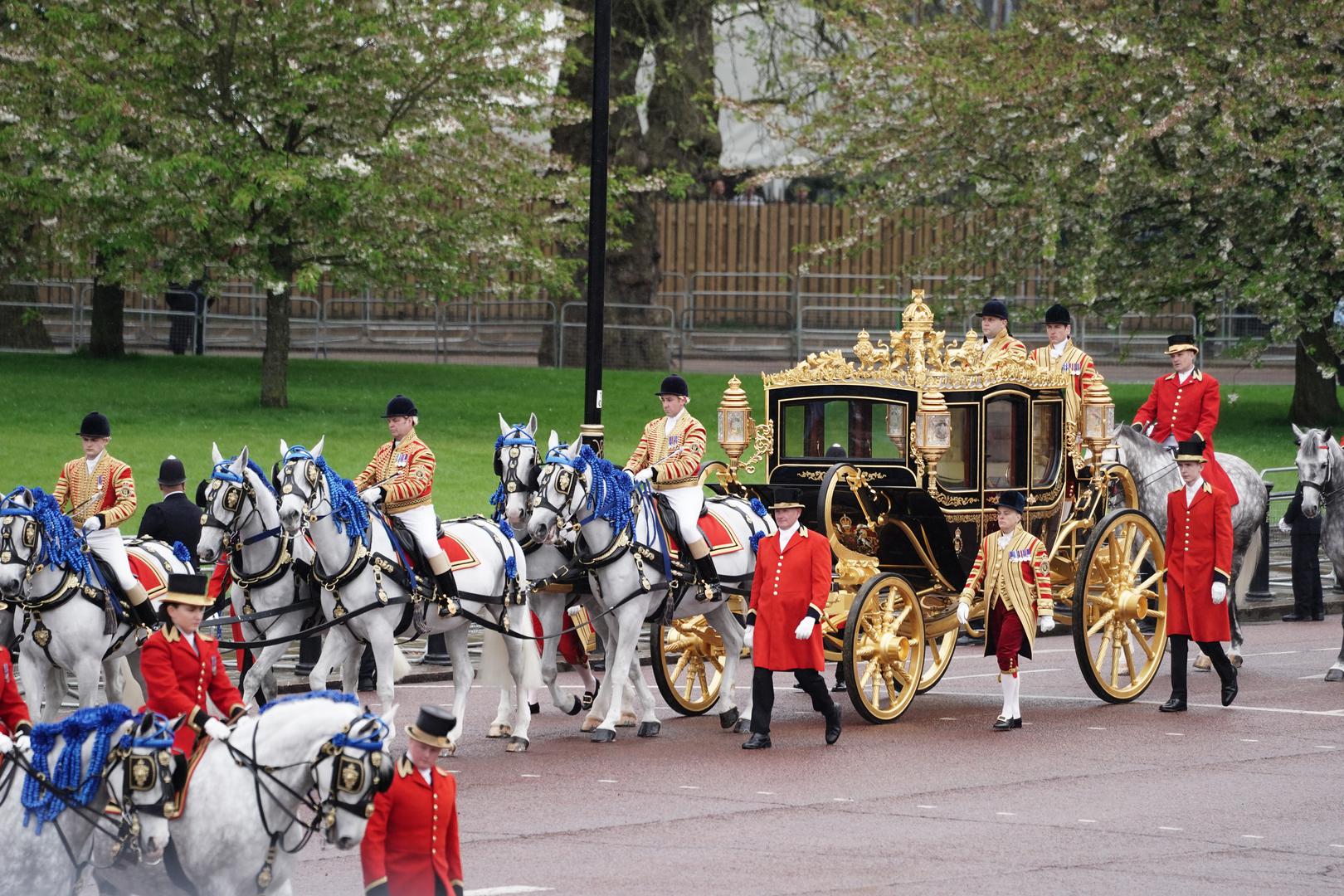 The Diamond Jubilee State Coach arrives at Buckingham Palace ahead of the Coronation of King Charles III and Queen Camilla today. Picture date: Saturday May 6, 2023. Photo: Jordan Pettitt/PRESS ASSOCIATION