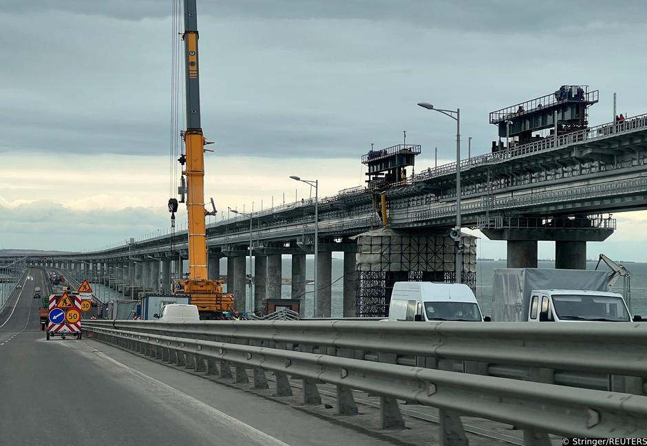 Construction crews work on the Crimea bridge