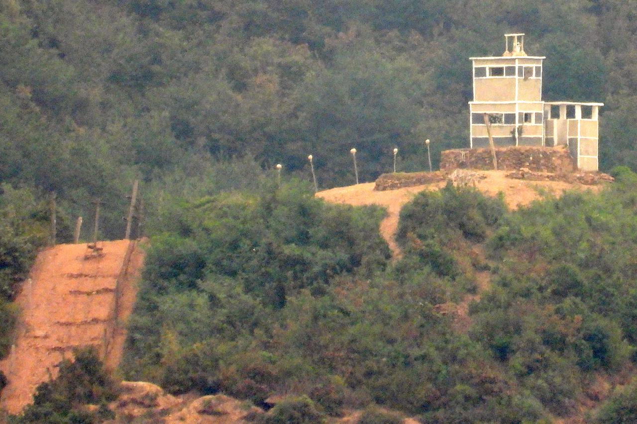 A newly constructed guard post and fences in North Korea are seen in this picture taken from the observatory in Incheon