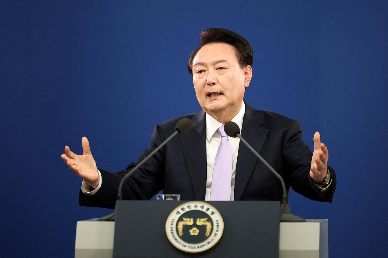 FILE PHOTO: South Korean President Yoon Suk Yeol holds a press conference