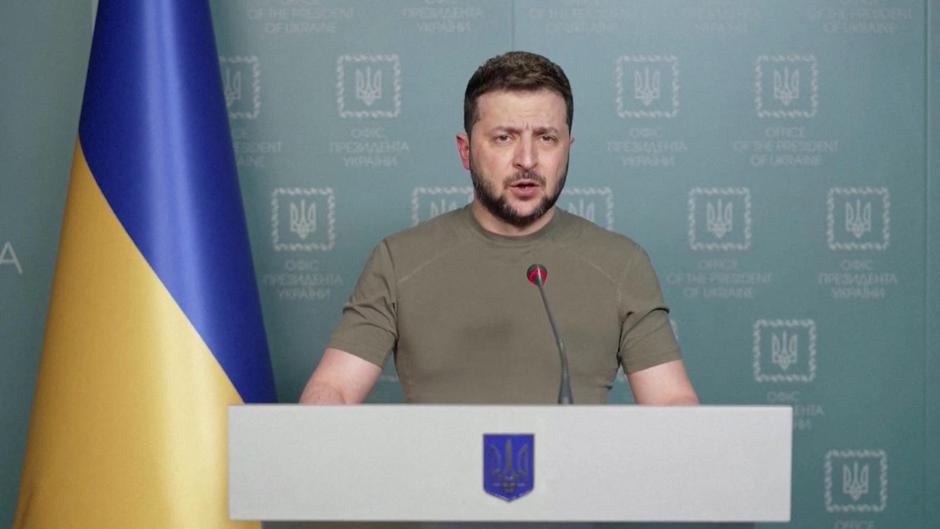 Ukrainian President Volodymr Zelenskiy speaks during his nightly address, saying that the "Battle of Donbas" has begun, in Kyiv