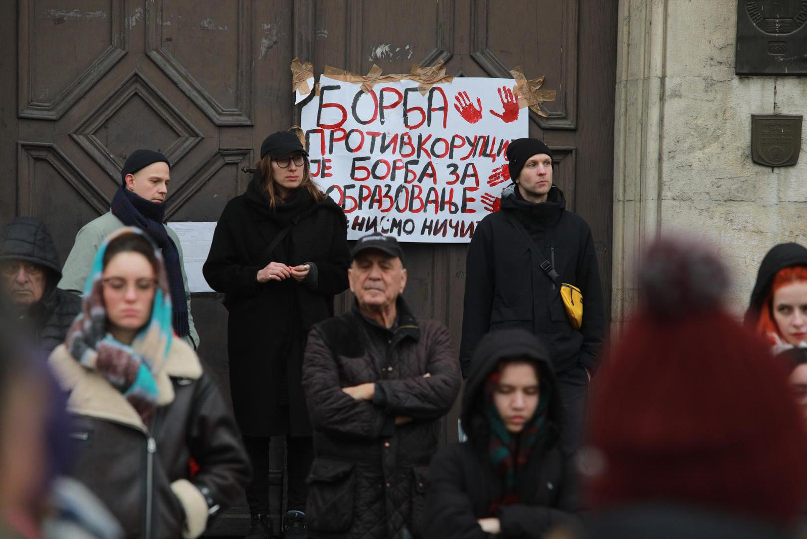 03, January, 2025, Belgrade - Students of the Belgrade University once again came out in front of the Rectorate, where they blocked traffic as part of the action "Stop, Serbia", in order to hold a rally 29 minutes - for 29 victims, and the post was dedicated to the victims in Novi Sad, as well as the victims in Arilje and Cetinje. Photo: Milos Tesic/ATAImages

03, januar, 2025, Beograd - Studenti Beogradskog Univerziteta ponovo su izasli ispred Rektorata, gde su blokirali saobracaj u sklopu akcije "Zastani, Srbijo", kako bi odrzali skup 29 minuta - za 29 zrtava, a posta je odata stradalima u Novom Sadu, ali i ubijenima u Arilju i na Cetinju. Photo: Milos Tesic/ATAImages Photo: Milos Tesic/ATA Images/PIXSELL