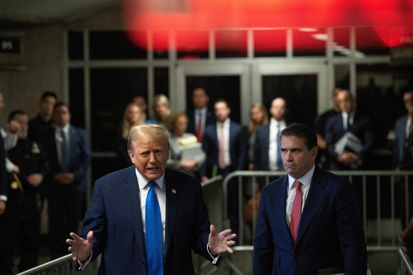 Former president Donald Trump speaks to the media after the first day of opening statements in his trial at Manhattan Criminal Court for falsifying documents related to hush money payments, in New York, NY, on Monday, April 22, 2024. Victor J. Blue/Pool via REUTERS Photo: Victor J. Blue/REUTERS