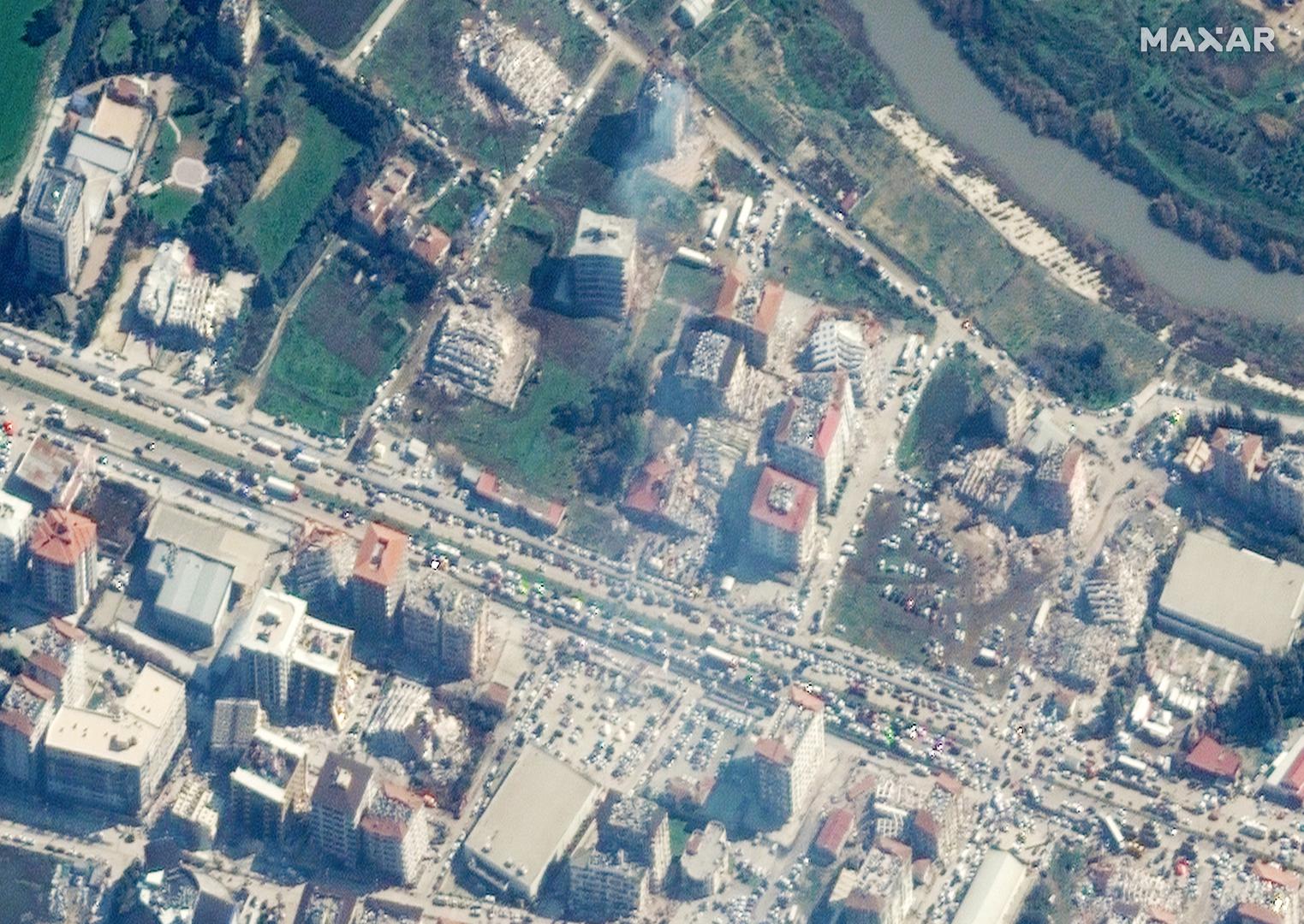 A satellite image shows collapsed and smoking buildings after an earthquake in Antakya, Turkey, February 8, 2023. Satellite image ©2023 Maxar Technologies/Handout via REUTERS   ATTENTION EDITORS - THIS IMAGE HAS BEEN SUPPLIED BY A THIRD PARTY. MANDATORY CREDIT. NO RESALES. NO ARCHIVES. DO NOT OBSCURE LOGO. Photo: MAXAR TECHNOLOGIES/REUTERS