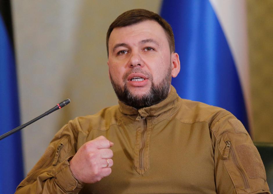 Head of the separatist self-proclaimed Donetsk People's Republic Denis Pushilin attends a news conference in Donetsk