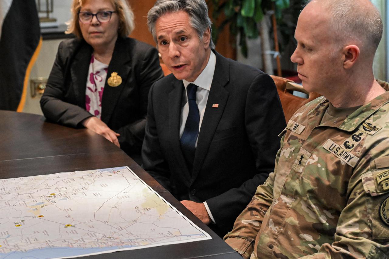 US Secretary of State Antony Blinken attends a briefing, in Baghdad