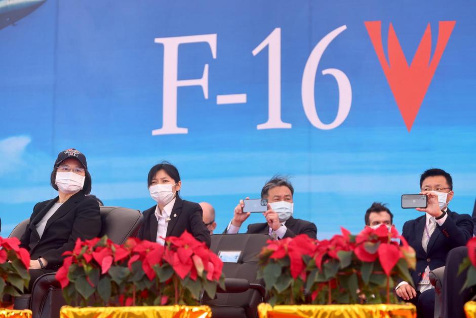 Taiwan President Tsai Ing-wen oversees the commission of the first squadron of the upgraded F-16V fighters in Chiayi Air Force Base,