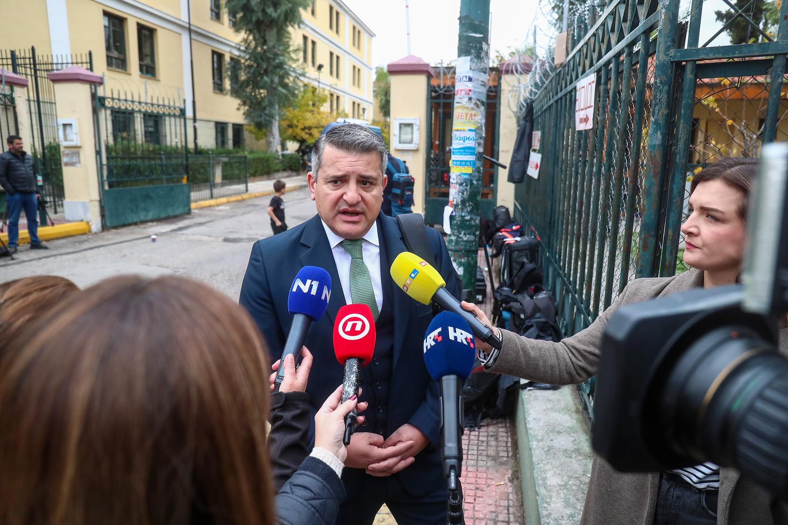 06.12.2023., Atena, Grcka - Policija dovodi na sud navijace Dinama, Bad Blue Boyse. Odvjetnik BBB-a Athanasios Kaymenakis dao je izjavu medijima. Photo: Matija Habljak/PIXSELL