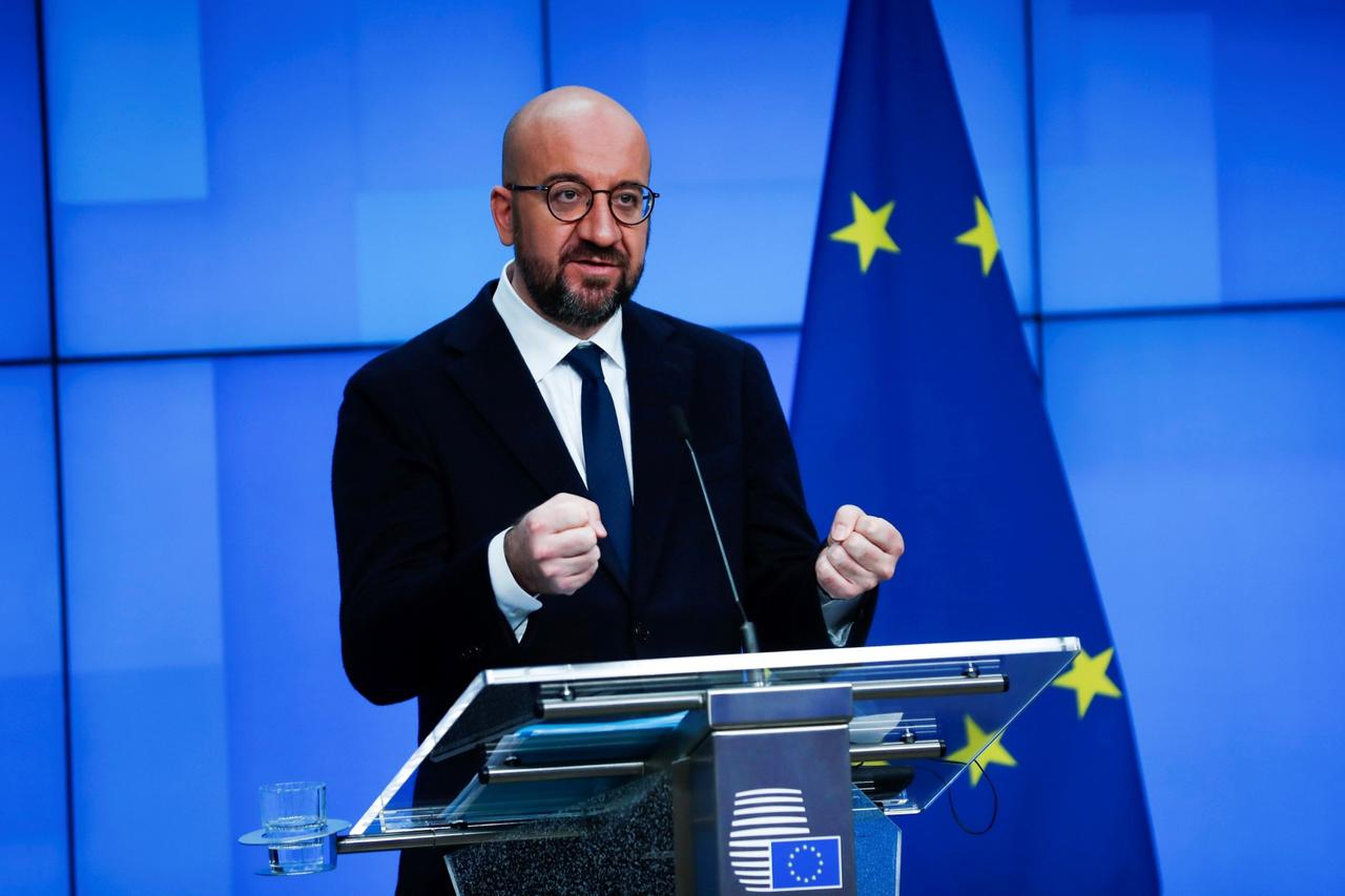 European Council President Charles Michel and WHO Director General Tedros Adhanom hold online joint press conference on international pandemic treaty, in Brussels