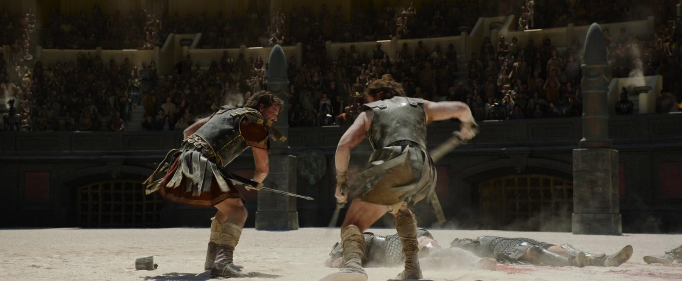 Los Angeles.CA.USA.  Pedro Pascal and Paul Mescal   in a scene in (C) Paramount Pictures, Gladiator II (2024). Director:Ridley Scott Source: Gladiator  Plot: Set about 20 years after the events from Gladiator, Lucius Verus was once the imperial heir of Rome but is now living in obscurity outside the empire in North Africa. He is captured and becomes a gladiator, fighting against the Roman emperors Caracalla and Geta.  Ref:LMK110-100724-002 Supplied by LMKMEDIA. Editorial Only. Landmark Media is not the copyright owner of these Film or TV stills but provides a service only for recognised Media outlets. pictures@lmkmedia.com Photo: Supplied by LMK / ipa-agency.net/IPA