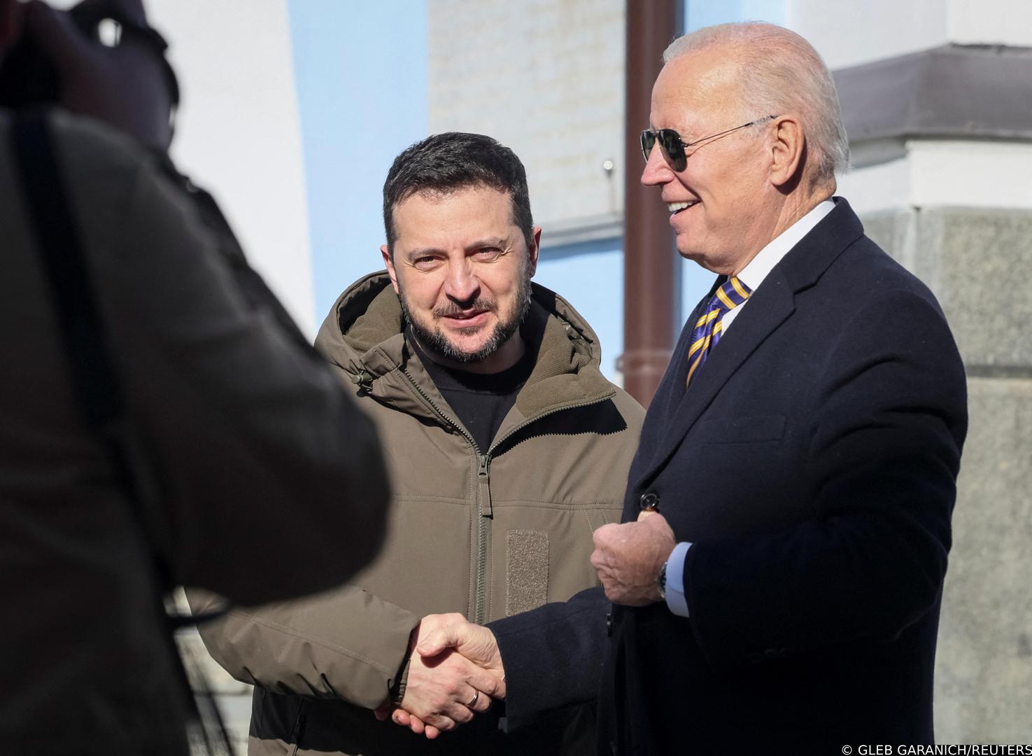 U.S. President Joe Biden and Ukraine's President Volodymyr Zelenskiy visit Saint Michael’s cathedral, amid Russia's attack on Ukraine, in Kyiv, Ukraine February 20, 2023. REUTERS/Gleb Garanich Photo: GLEB GARANICH/REUTERS