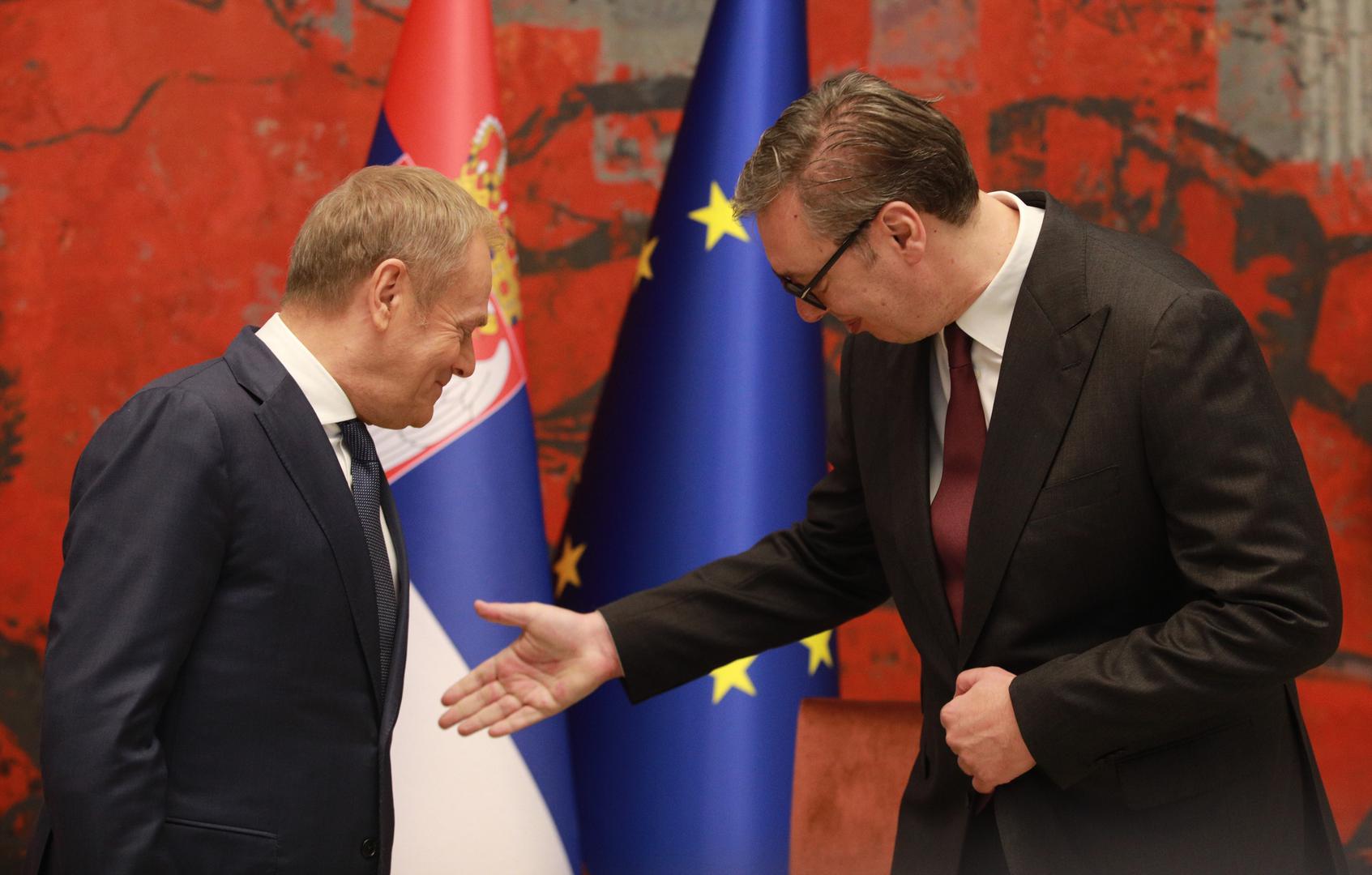 24, October, 2024, Belgrade - The President of the Republic of Serbia, Aleksandar Vucic, will host the Prime Minister of the Republic of Poland, Donald Tusk, who is on an official visit to the Republic of Serbia from October 23 to 24 - Tête-à-tête meeting between Aleksandar Vucic and Donald Tusk. Donald Tusk, Aleksandar Vucic. Photo: Milos Tesic/ATAImages 

24, oktobar, 2024, Beograd - Predsednik Republike Srbije Aleksandar Vucic ugostice predsednika Vlade Republike Poljske Donalda Tuska koji boravi u zvanicnoj poseti Republici Srbiji od 23. do 24. oktobra. Photo: Milos Tesic/ATAImages Photo: Milos Tesic/ATA Images/PIXSELL