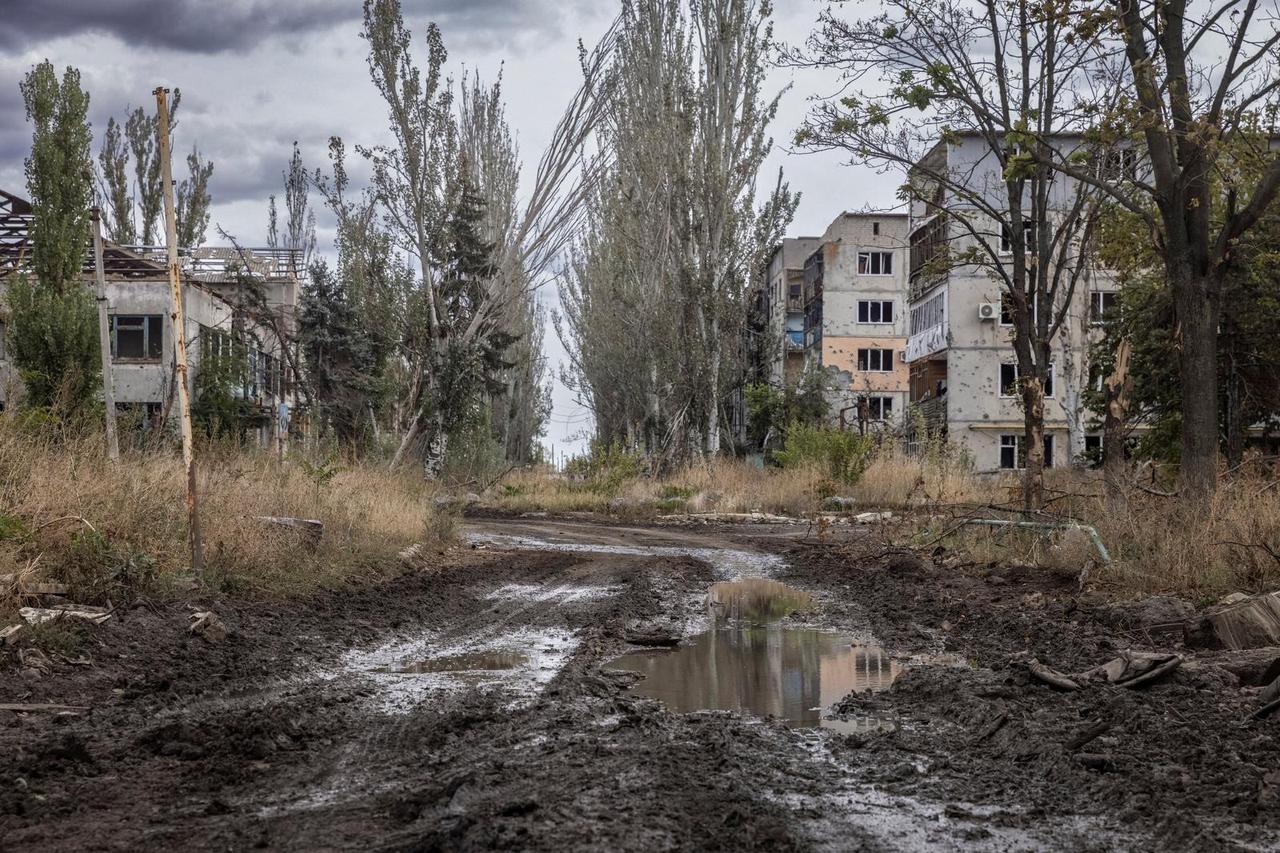 A view shows apartment buildings damaged by a Russian military strike in the front line city of Vuhledar