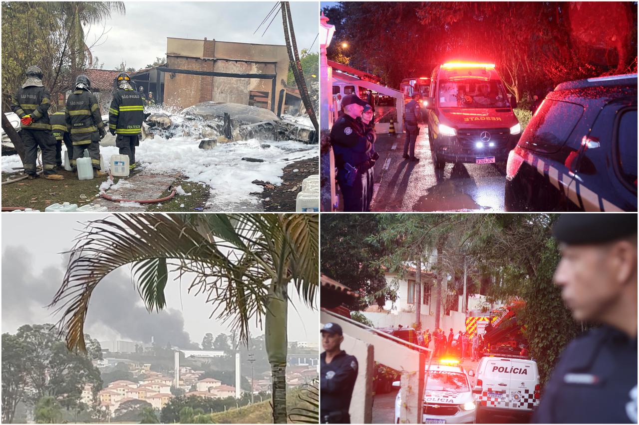 Officials work at the site of a plane crash in Vinhedo, Sao Paulo